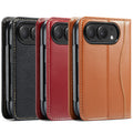 iPhone DUO luxury leather wallet cases lined up showing rear camera cutouts in Classic Black, Deep Red, and Vintage Brown color choices.