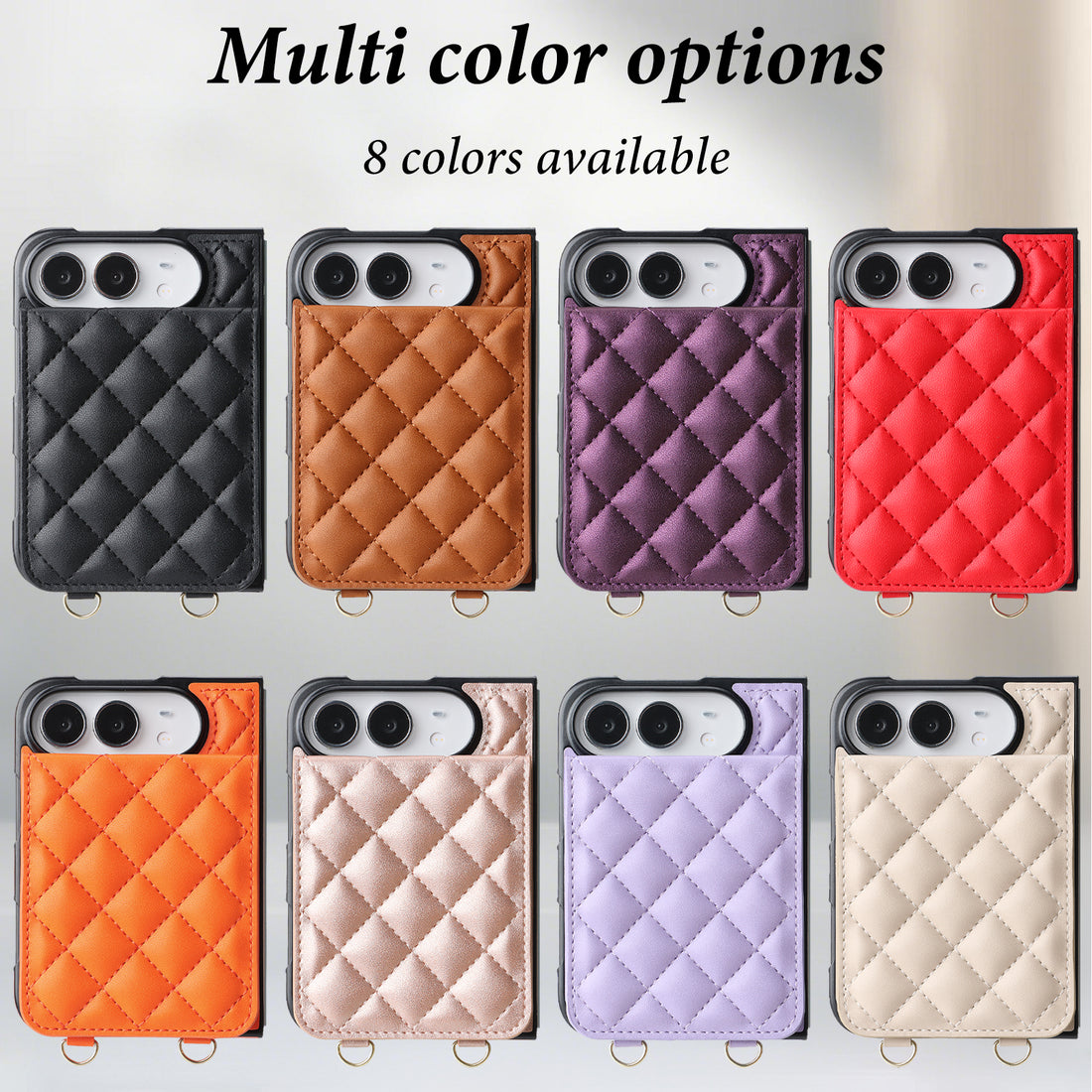 Purple quilted leather crossbody wallet case for iPhone DUO shown on model with adjustable shoulder lanyard strap.