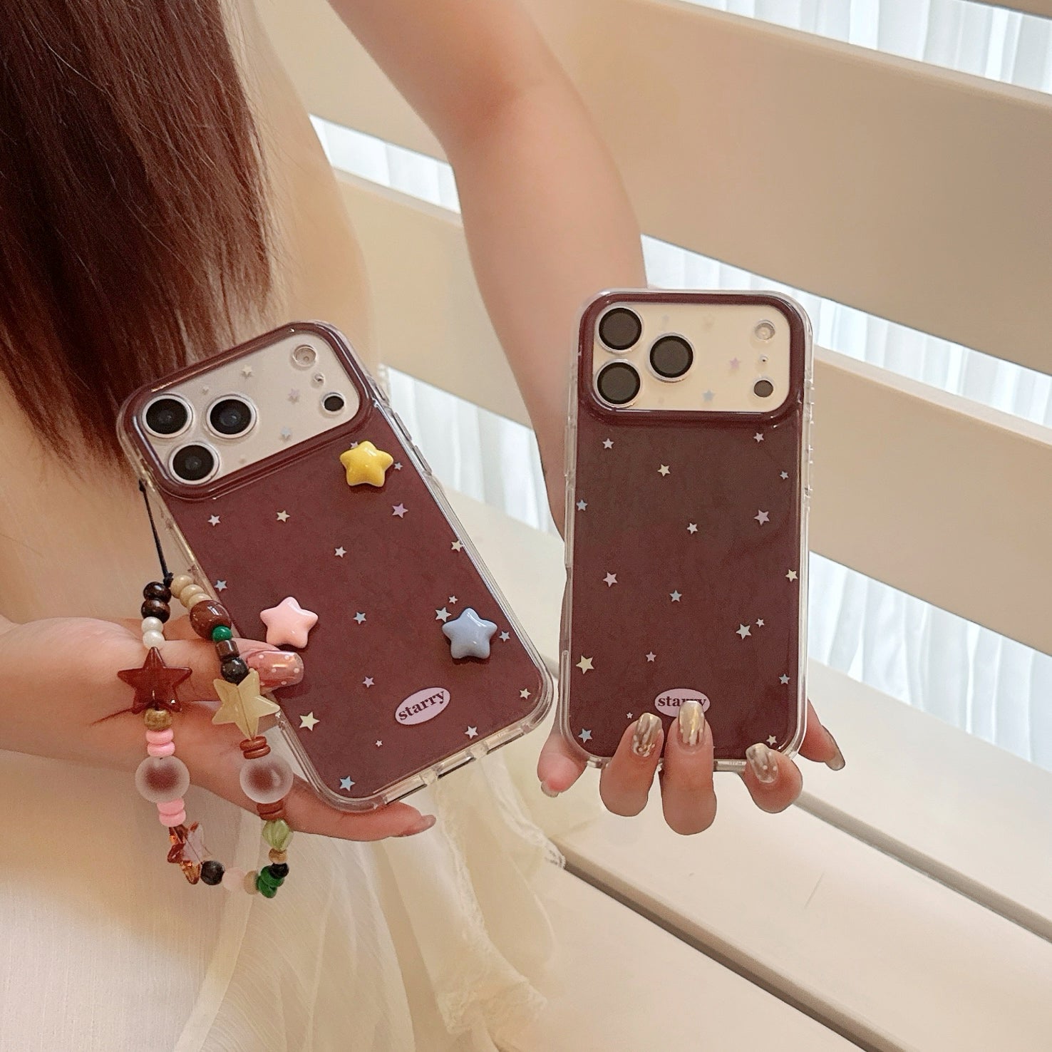 iPhone starry case detail shot showing 3D star decorations and matte finish – no yellowing anti-slip – iPhone 17 16 15 compatible