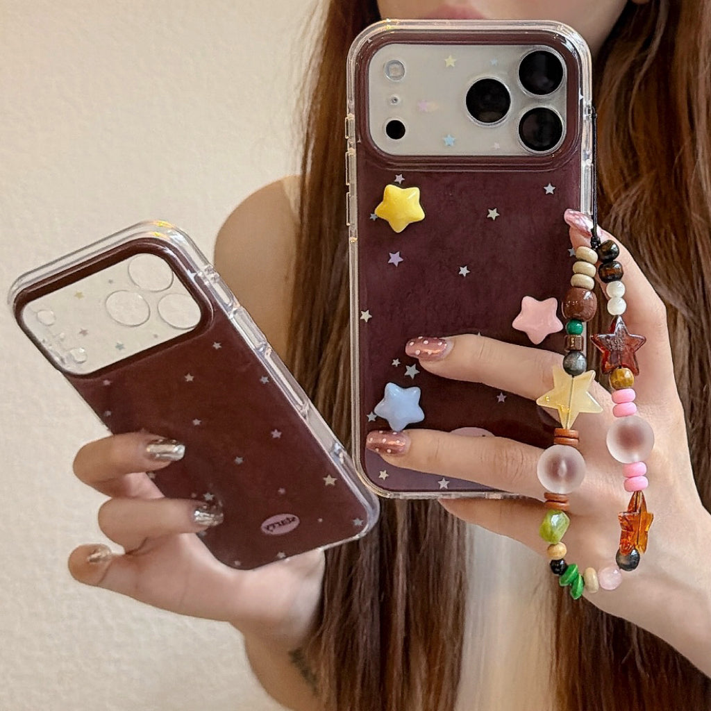 iPhone starry case with 3D stars and beaded charm strap – brown TPU case fits iPhone 17 Pro Max, 17 Pro, 17, 16 Pro Max, 16 Pro, 16, 15 Pro Max, 15 Pro, 15