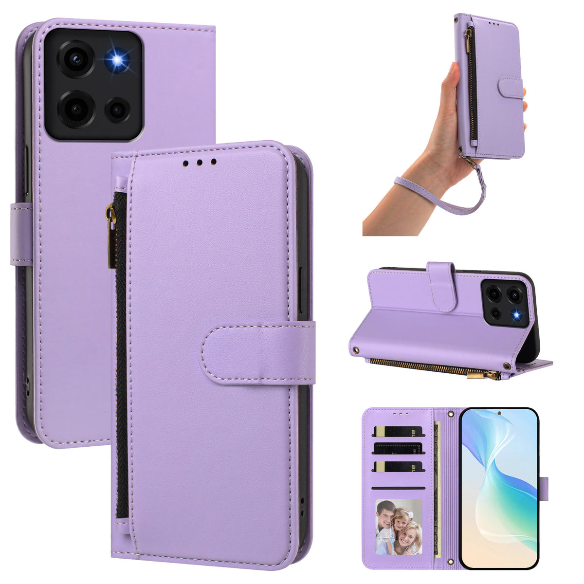 ight purple lavender Motorola Moto G Play leather case set showing rear camera module protection, hand wristlet strap, desktop kickstand, and open 4-card folio interior