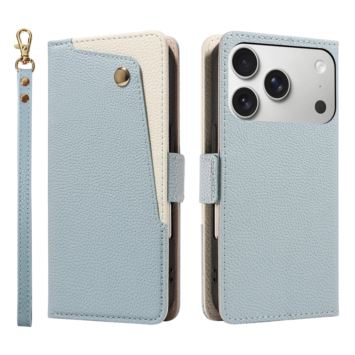 Light-blue pebbled leather smartphone wallet case. The front flap, with its diagonal blue and cream design and gold-tone stud button, is on the left next to a matching wrist strap.