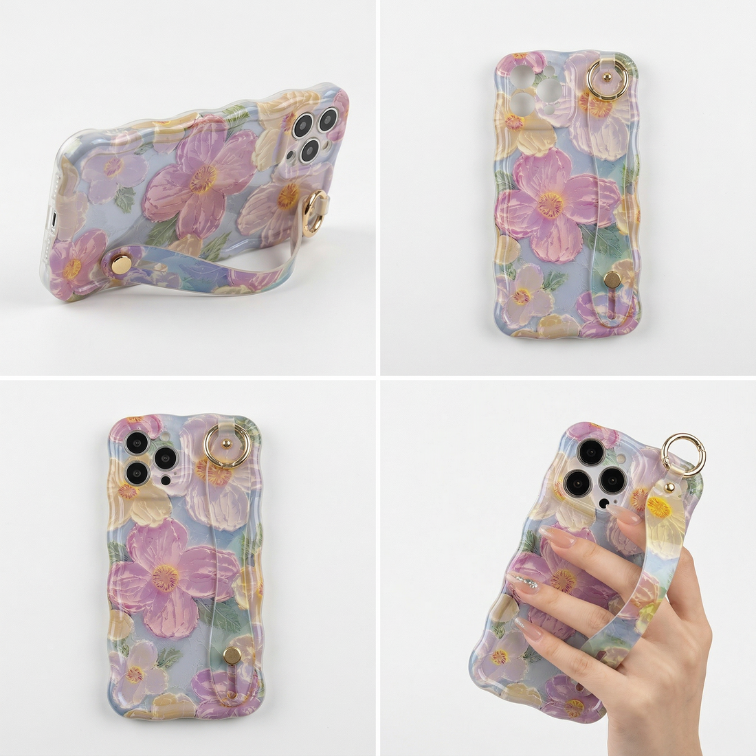 Floral Twist-Edge iPhone Case | Retro INS Style with Wrist Strap – Green/Purple/Blue for iPhone 12-16