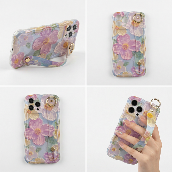 Floral Twist-Edge iPhone Case | Retro INS Style with Wrist Strap – Green/Purple/Blue for iPhone 12-16