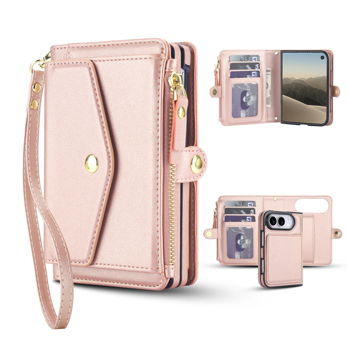 Multi-angle showcase of the rose gold leather wallet case for iPhone DUO, featuring a main purse view with wristlet lanyard, an open folio view displaying interior card slots and clear ID window, and rear camera cutout with card storage.