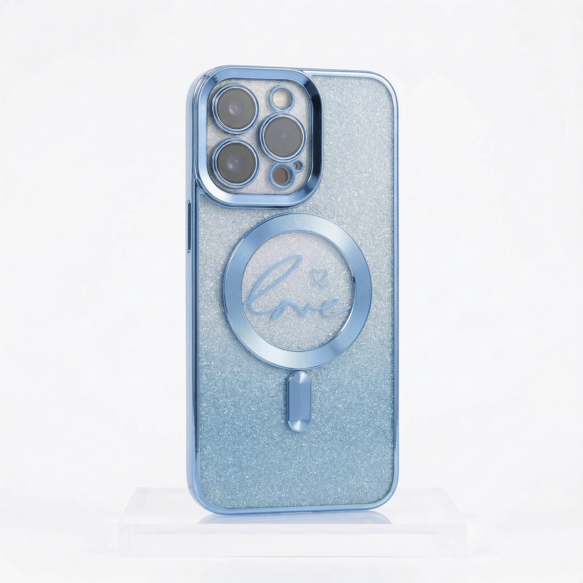 silver to blue gradient glitter iphone case with magsafe love heart ring sky blue transition