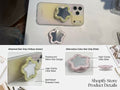 A collage showing a star-shaped phone grip mirror with a pearlescent wave design, demonstrated attached to a phone in a clear case and shown separately in two color options: yellow and pink. The image includes labels pointing out features like the pearlescent wave design, clear base.