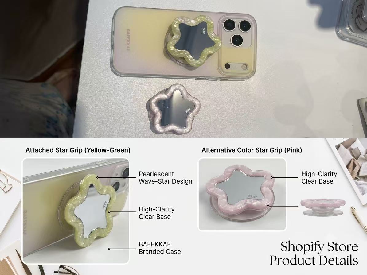 A collage showing a star-shaped phone grip mirror with a pearlescent wave design, demonstrated attached to a phone in a clear case and shown separately in two color options: yellow and pink. The image includes labels pointing out features like the pearlescent wave design, clear base.