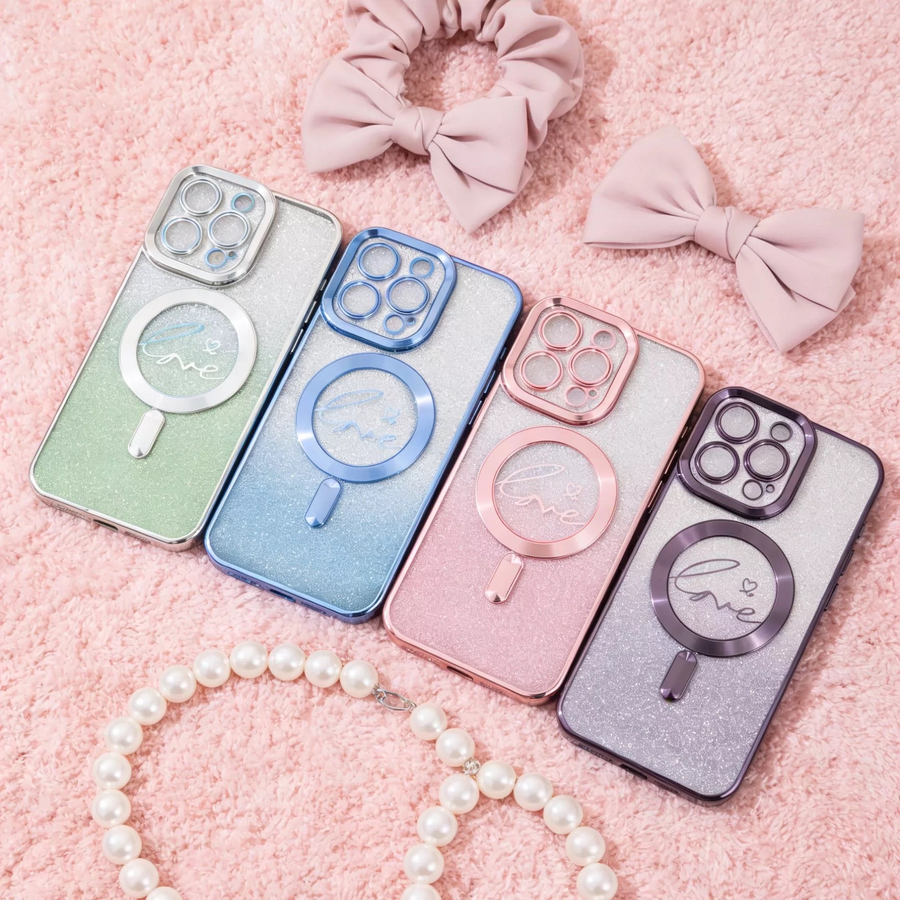 woman holding gradient glitter iphone case with magsafe love heart ring silver pastel colors elegant style