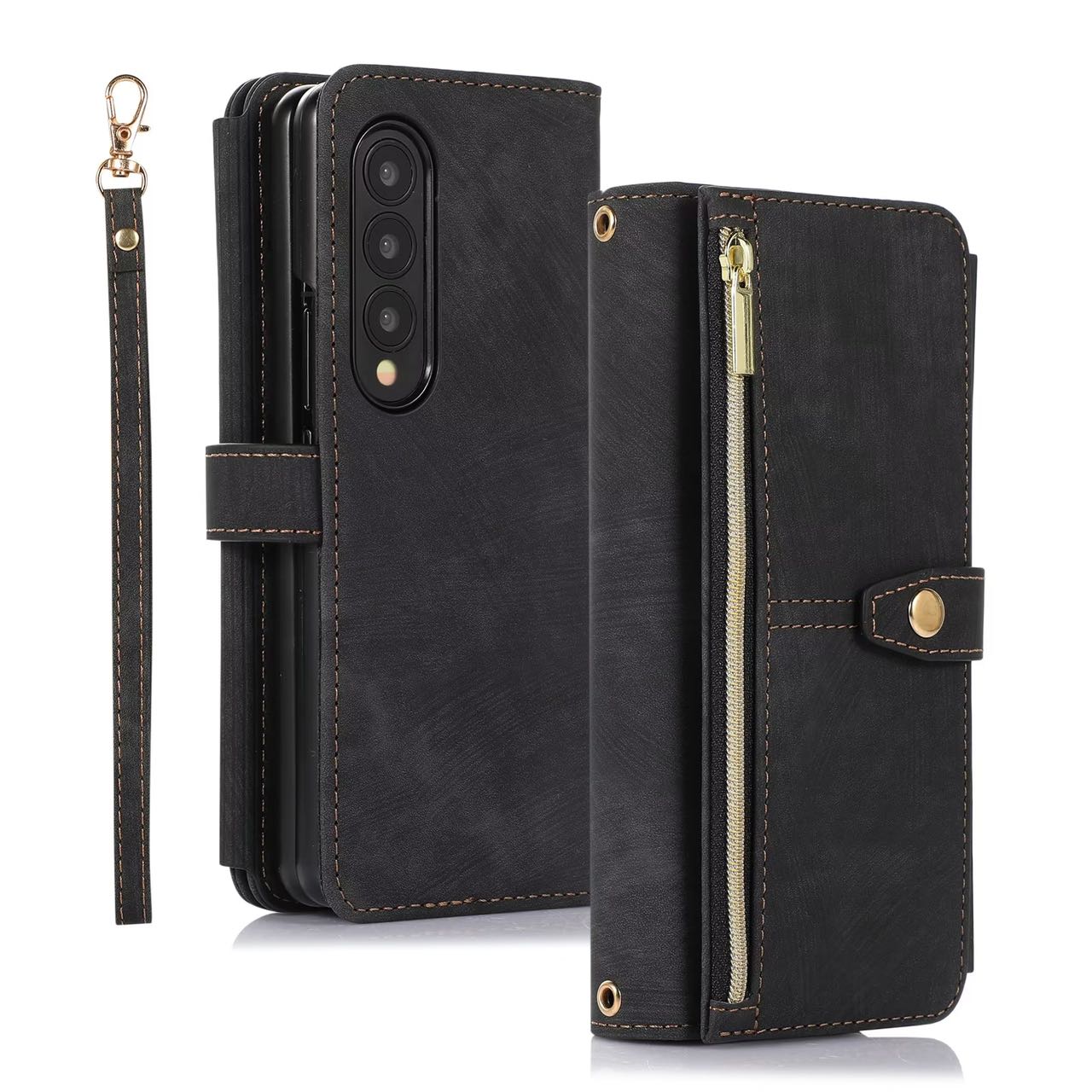 Black leather Samsung Z Fold 4 3 wallet case with wrist belt and multi card slots