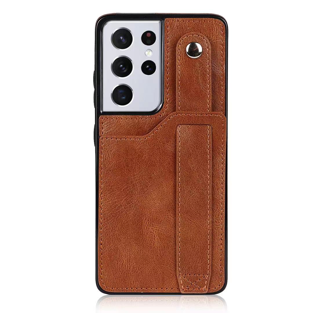 RFID Case For Samsung Galaxy S23 S22 S21 S20 Ultra Plus FE Luxury Leather Wrist Band Kickstand S21 Ultra Dark Brown