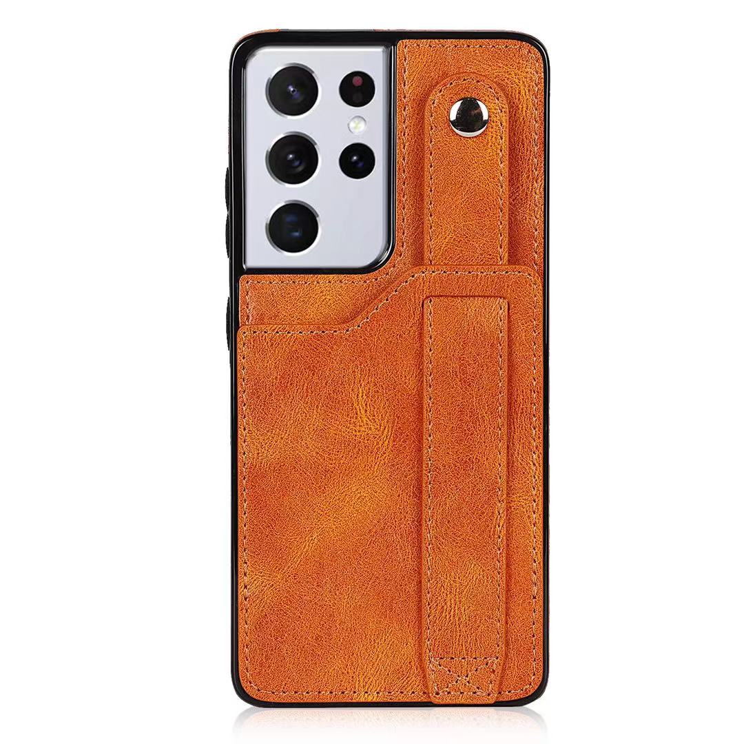 RFID Case For Samsung Galaxy S23 S22 S21 S20 Ultra Plus FE Luxury Leather Wrist Band Kickstand S21 Ultra Light Brown