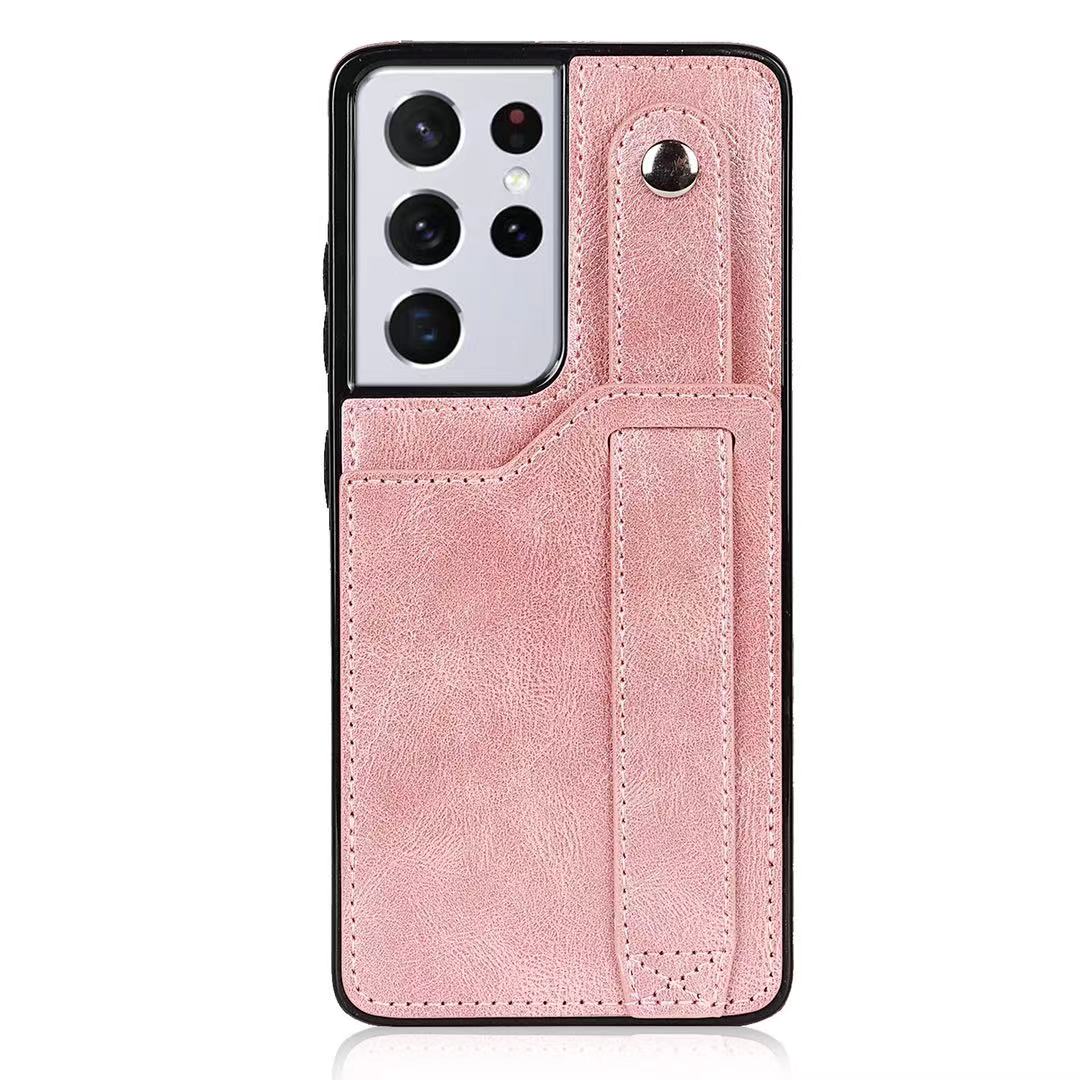RFID Case For Samsung Galaxy S23 S22 S21 S20 Ultra Plus FE Luxury Leather Wrist Band Kickstand S21 Ultra Pink