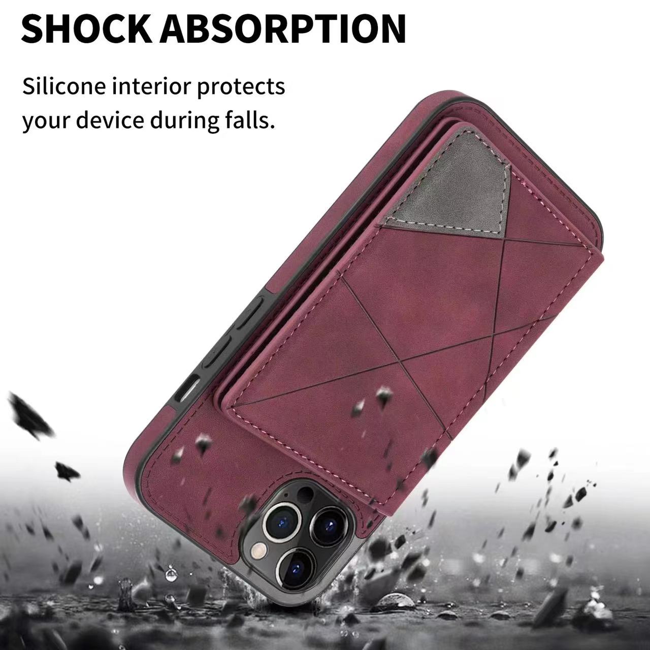 Case For iPhone 16 15 Series Luxury Leather Flip Kickstand Card Slot Cover Wine Red Shockproof