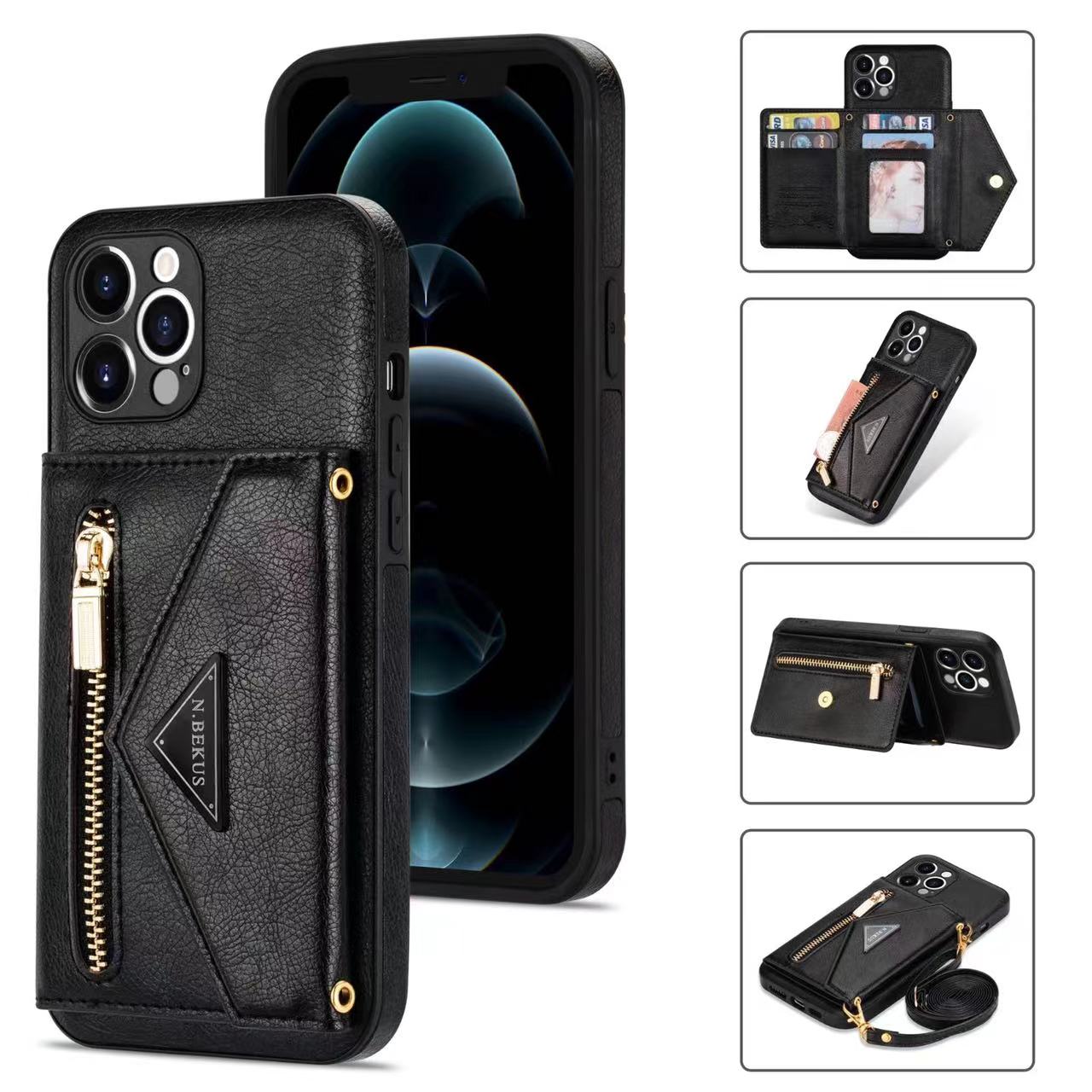 Case for iPhone 16 15 Pro Max Plus Crossbody Leather Wallet Cover Features Black