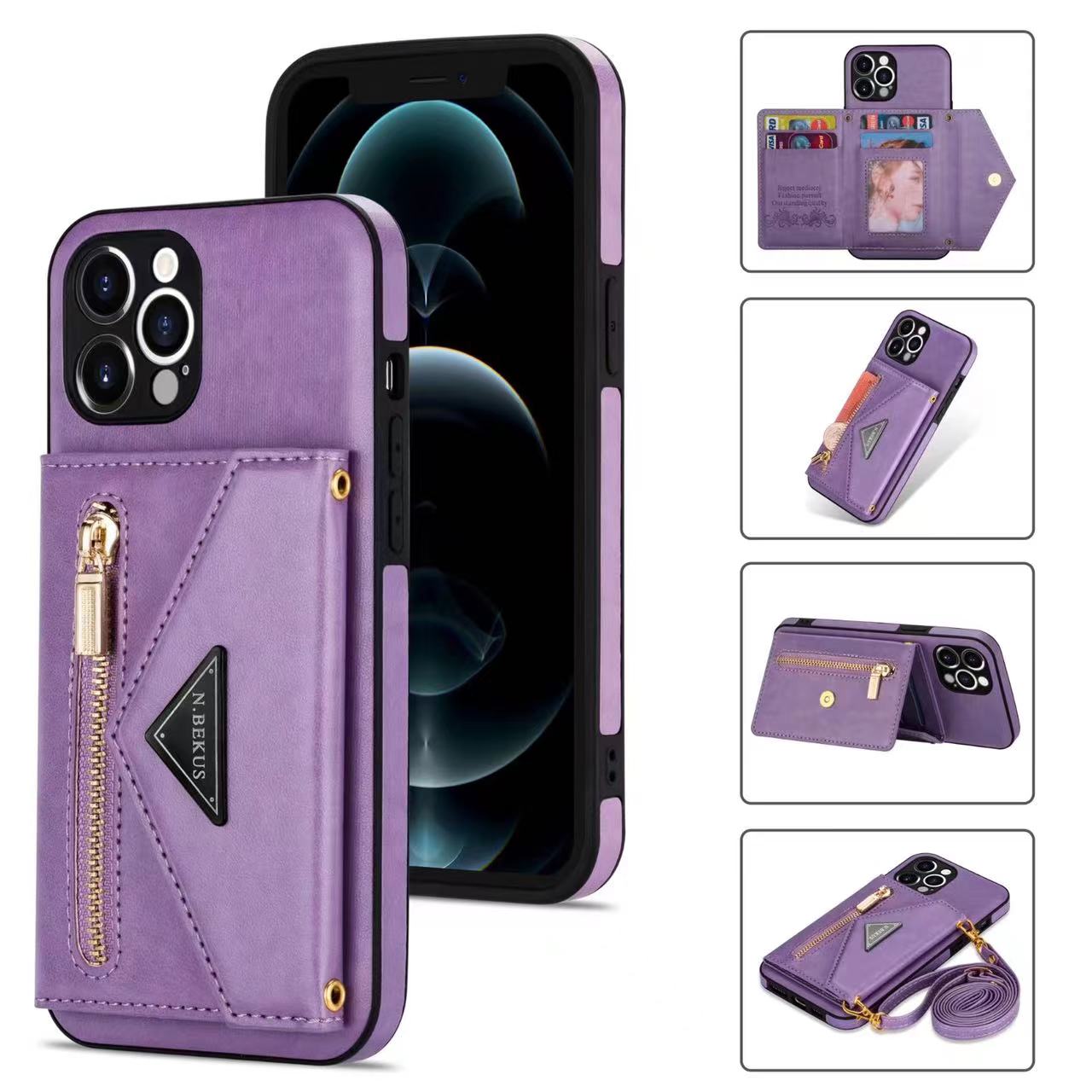 Case for iPhone 16 15 Pro Max Plus Crossbody Leather Wallet Cover Features Purple