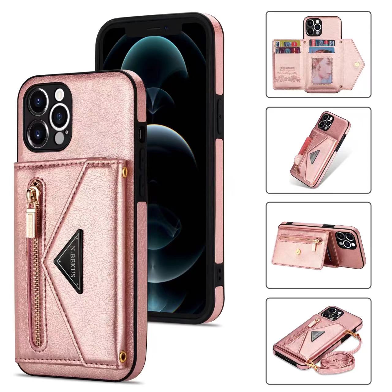 Case for iPhone 16 15 Pro Max Plus Crossbody Leather Wallet Cover Rose Gold