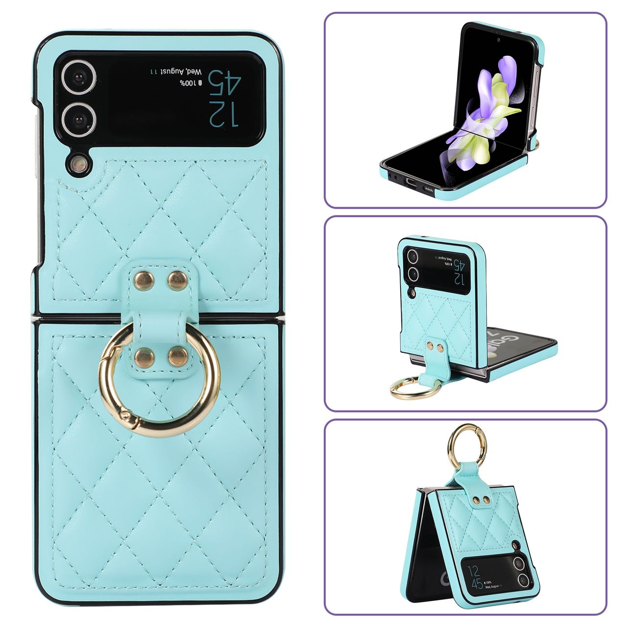 Luxury Quilted Leather Case for Samsung Galaxy Z Flip 4 Flip 3 Cover with Finger Ring Stand Blue