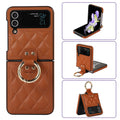 Luxury Quilted Leather Case for Samsung Galaxy Z Flip 4 Flip 3 Cover with Finger Ring Stand Brown