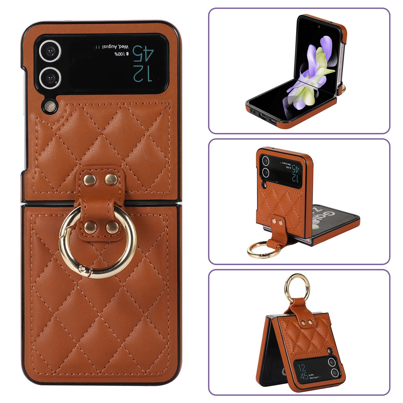 Luxury Quilted Leather Case for Samsung Galaxy Z Flip 4 Flip 3 Cover with Finger Ring Stand Brown