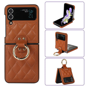 Luxury Quilted Leather Case for Samsung Galaxy Z Flip 4 Flip 3 Cover with Finger Ring Stand Brown