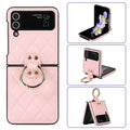 Luxury Quilted Leather Case for Samsung Galaxy Z Flip 4 Flip 3 Cover with Finger Ring Stand Pink