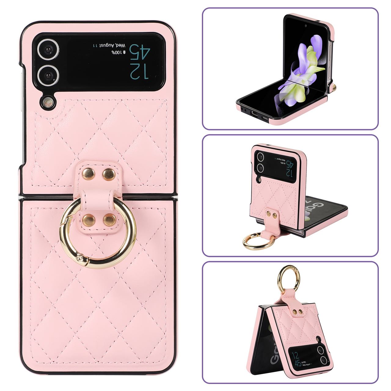 Luxury Quilted Leather Case for Samsung Galaxy Z Flip 4 Flip 3 Cover with Finger Ring Stand Pink