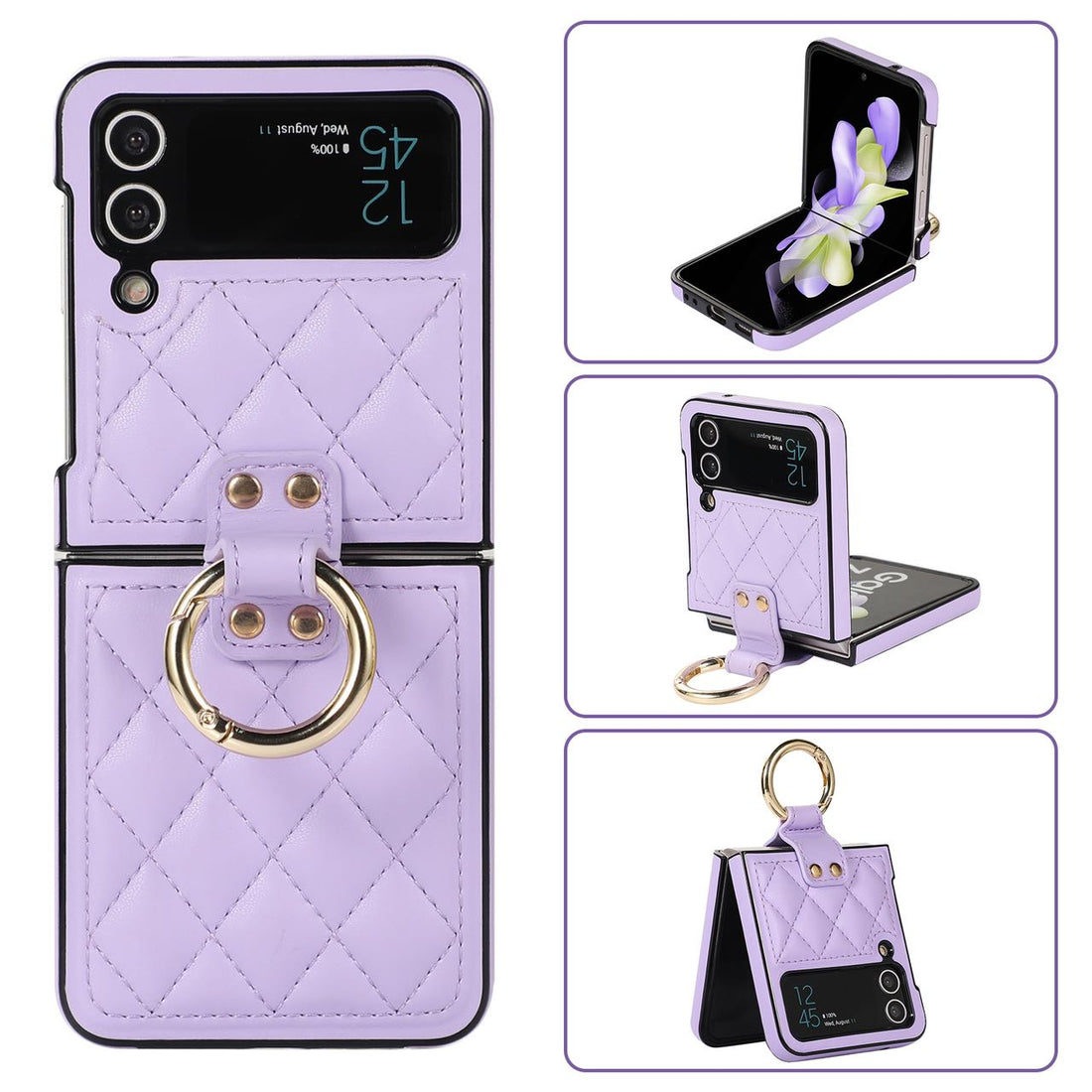 Luxury Quilted Leather Case for Samsung Galaxy Z Flip 4 Flip 3 Cover with Finger Ring Stand Purple