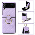 Luxury Quilted Leather Case for Samsung Galaxy Z Flip 4 Flip 3 Cover with Finger Ring Stand Purple