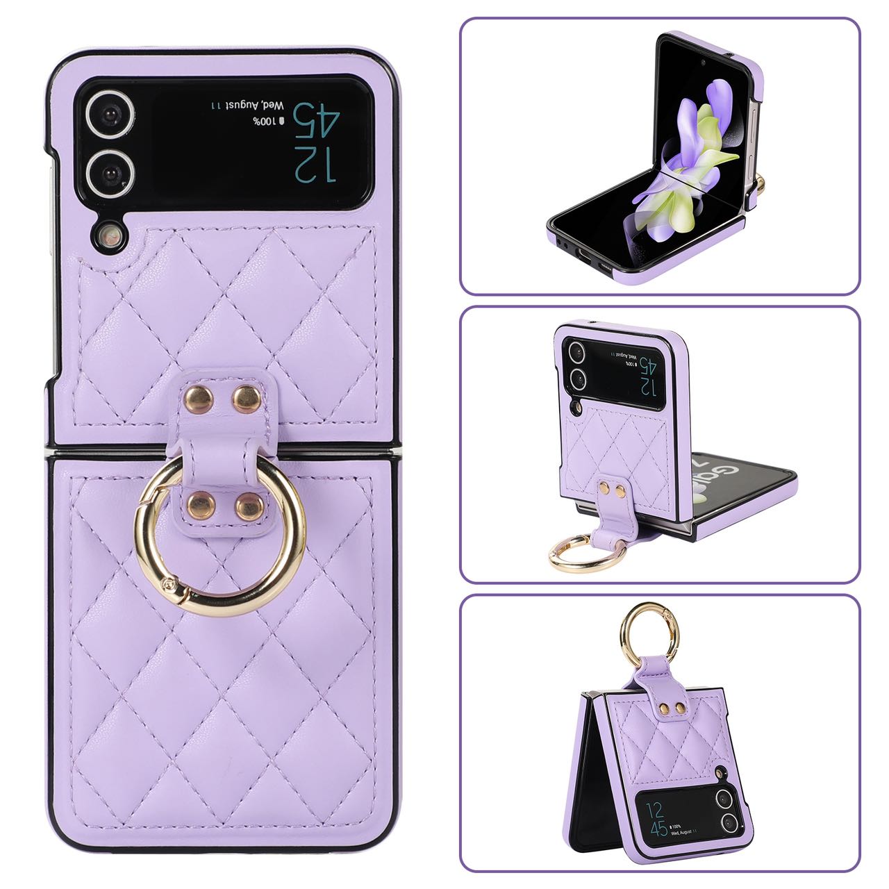 Luxury Quilted Leather Case for Samsung Galaxy Z Flip 4 Flip 3 Cover with Finger Ring Stand Purple