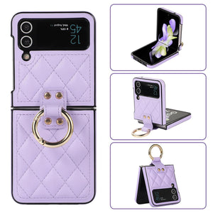 Luxury Quilted Leather Case for Samsung Galaxy Z Flip 4 Flip 3 Cover with Finger Ring Stand Purple