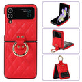 Luxury Quilted Leather Case for Samsung Galaxy Z Flip 4 Flip 3 Cover with Finger Ring Stand Red