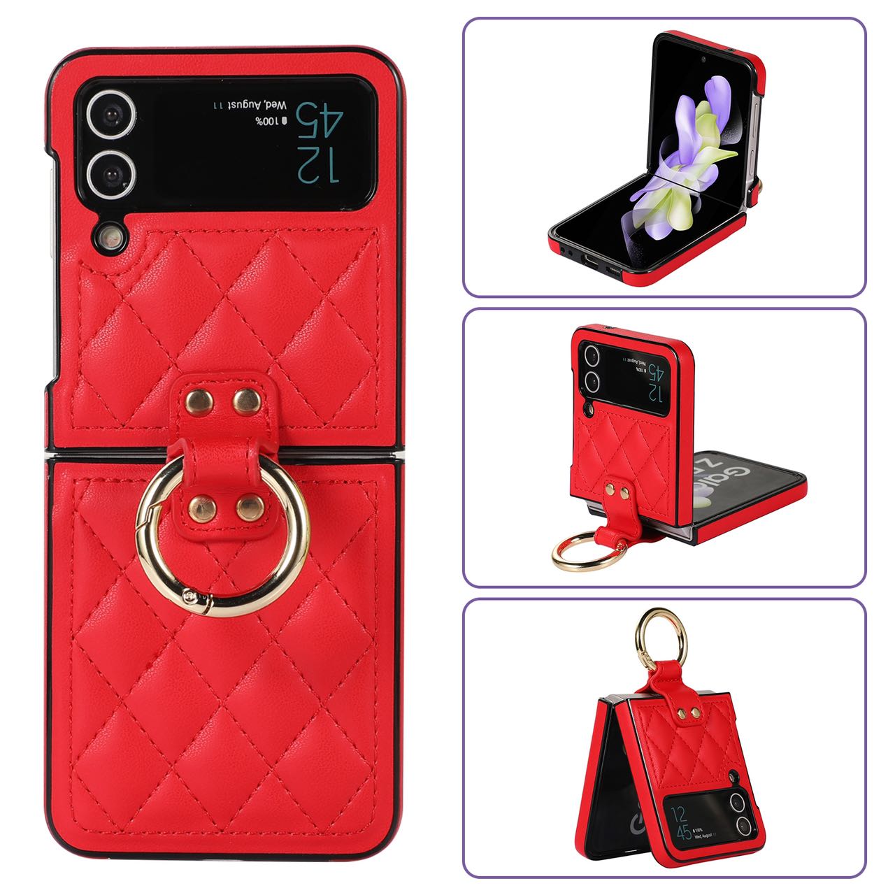 Luxury Quilted Leather Case for Samsung Galaxy Z Flip 4 Flip 3 Cover with Finger Ring Stand Red