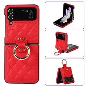 Luxury Quilted Leather Case for Samsung Galaxy Z Flip 4 Flip 3 Cover with Finger Ring Stand Red