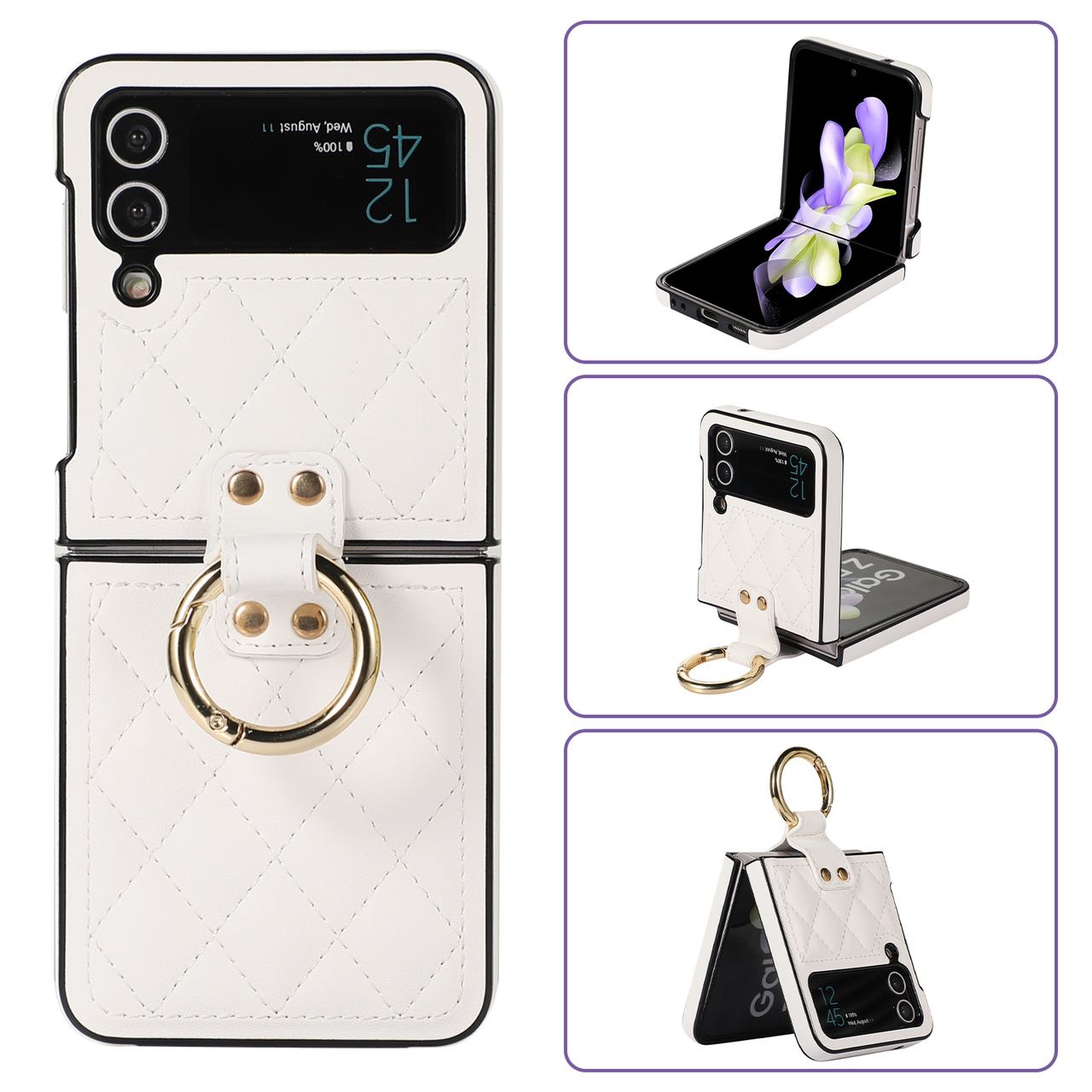 Luxury Quilted Leather Case for Samsung Galaxy Z Flip 4 Flip 3 Cover with Finger Ring Stand White
