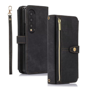 Luxury Leather Case for Samsung Galaxy Z Fold 4 Fold 3 Crossbody Lanyard Multi Card Slot Cover Black