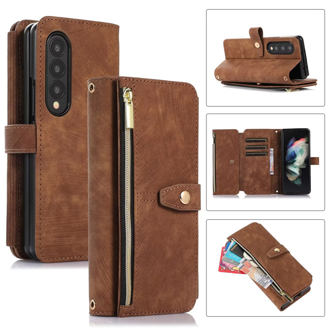 Luxury Leather Case for Samsung Galaxy Z Fold 4 Fold 3 Crossbody Lanyard Multi Card Slot Cover Brown