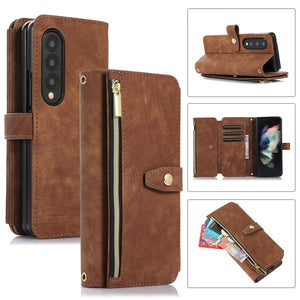 Luxury Leather Case for Samsung Galaxy Z Fold 4 Fold 3 Crossbody Lanyard Multi Card Slot Cover Brown