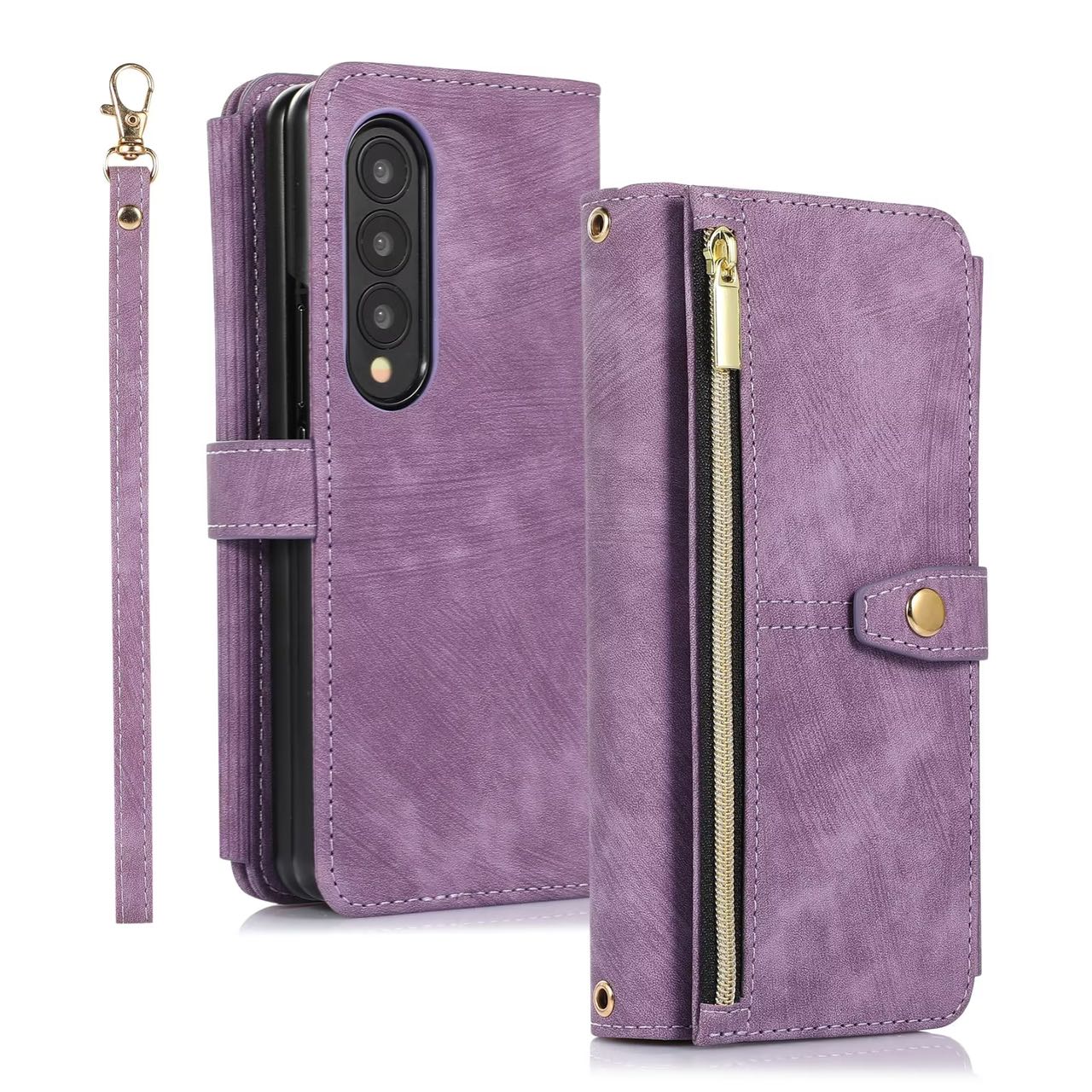 Luxury Leather Case for Samsung Galaxy Z Fold 4 Fold 3 Crossbody Lanyard Multi Card Slot Cover Purple