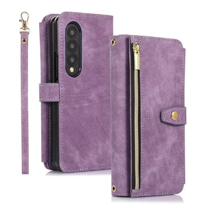 Luxury Leather Case for Samsung Galaxy Z Fold 4 Fold 3 Crossbody Lanyard Multi Card Slot Cover Purple