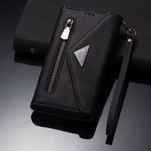Luxury Leather Case for iPhone Crossbody Lanyard Wrist Belt Multi Card Slots Wallet Pouch Cover Black