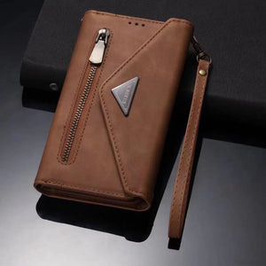 Luxury Leather Case for iPhone Crossbody Lanyard Wrist Belt Multi Card Slots Wallet Pouch Cover Brown