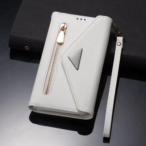 Luxury Leather Case for iPhone Crossbody Lanyard Wrist Belt Multi Card Slots Wallet Pouch Cover White