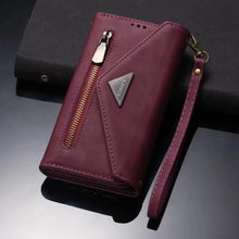 Load image into Gallery viewer, Luxury Leather Case for iPhone Crossbody Lanyard Wrist Belt Multi Card Slots Wallet Pouch Cover Wine Red
