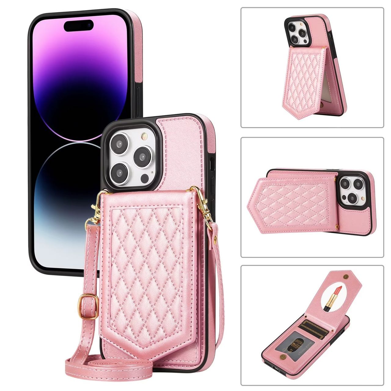 Case for iPhone 8 Plus 7 Plus 8 7 SE2 Crossbody Lanyard Leather Wallet Card Slot Mirror Cover Rose Gold Features