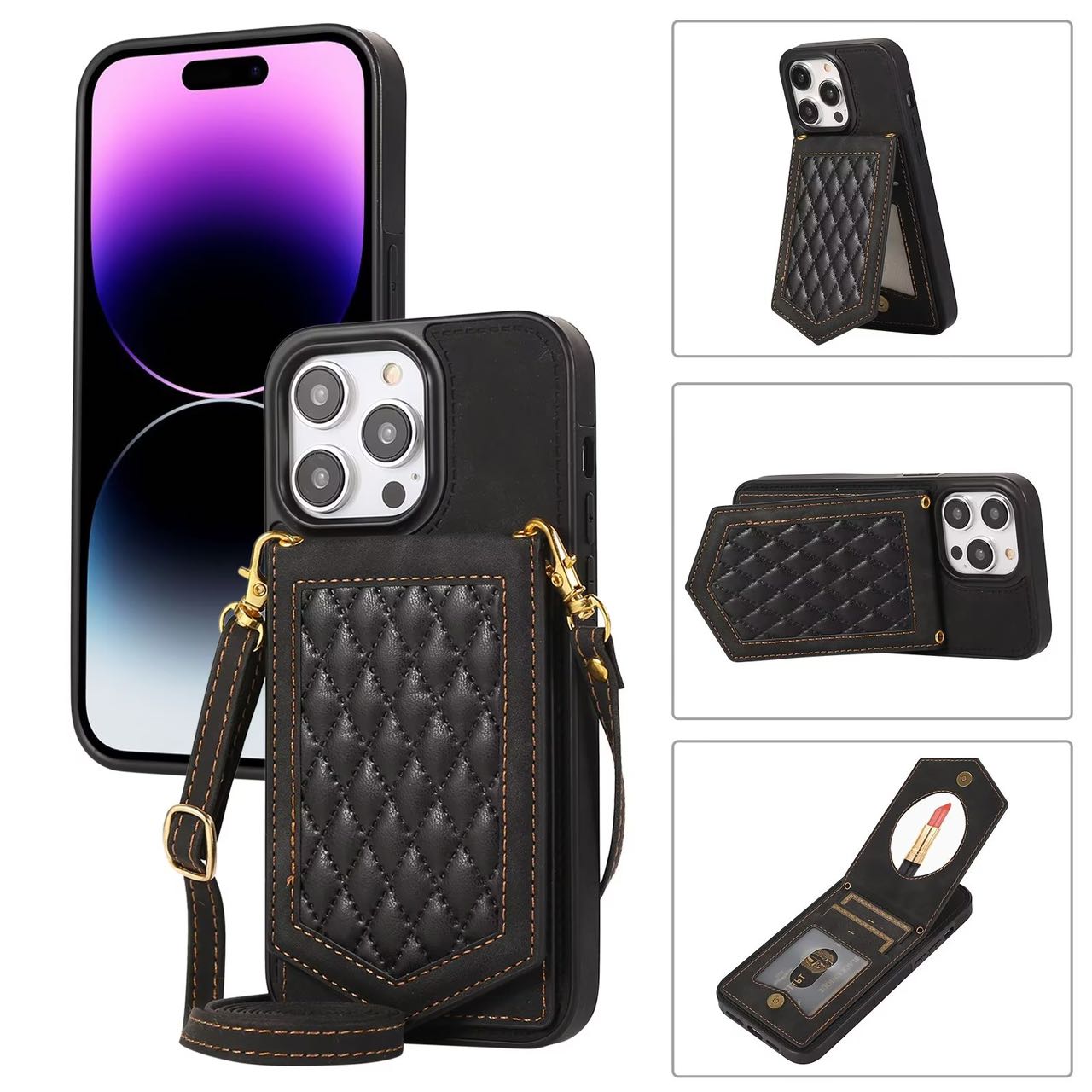 Case for iPhone 16 Series Crossbody Lanyard Leather Wallet Card Slot Mirror Cover Black Features