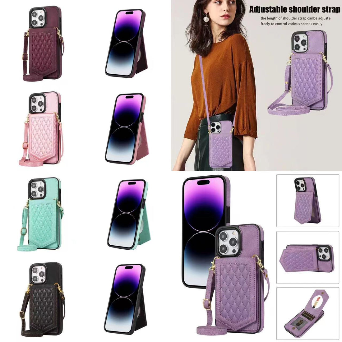 Case for iPhone 16 Series Crossbody Lanyard Leather Wallet Card Slot Mirror Cover