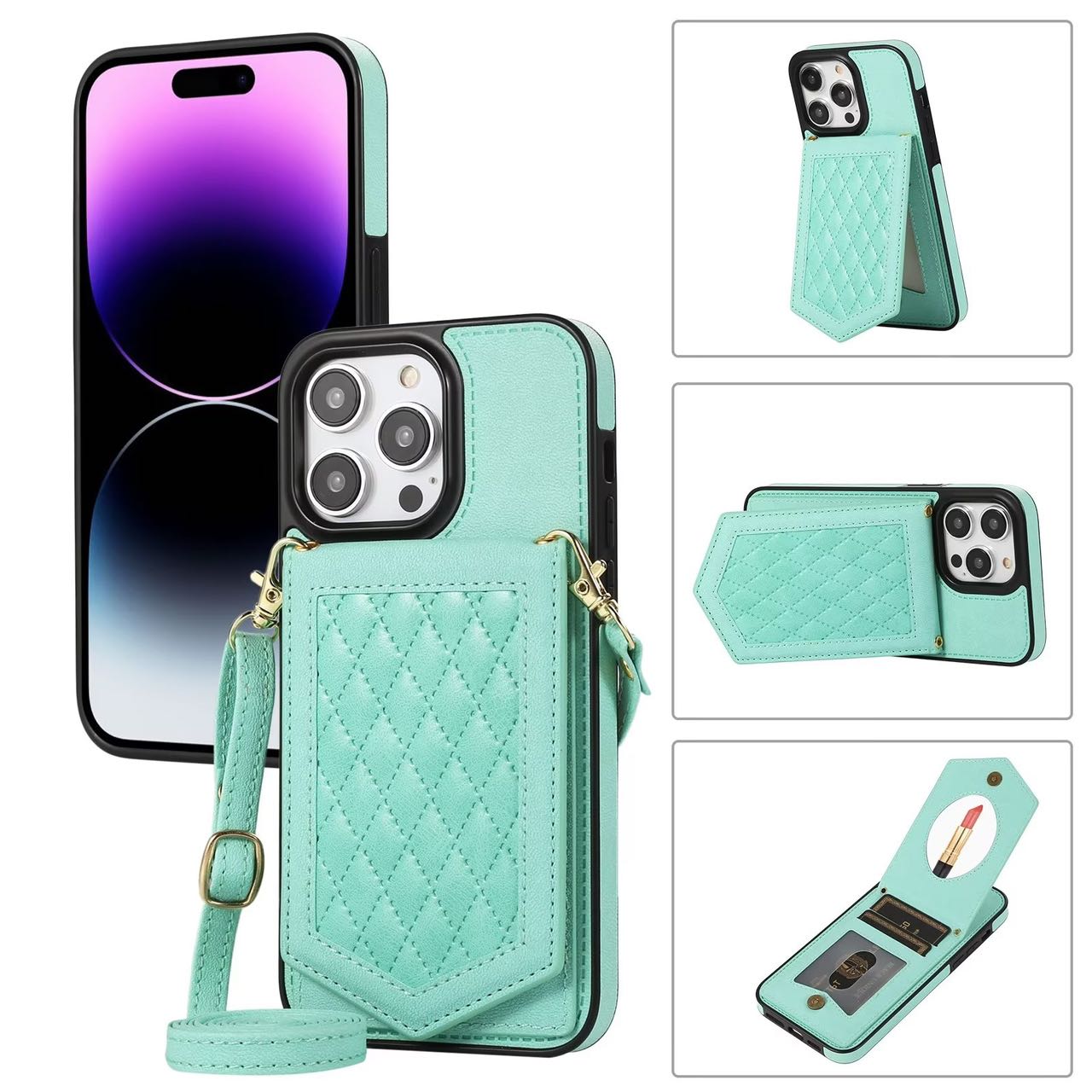 Case for iPhone 16 Series Crossbody Lanyard Leather Wallet Card Slot Mirror Cover Mint Features