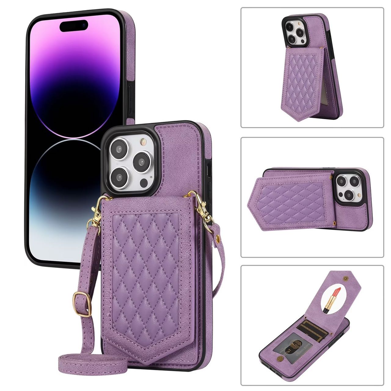 Case for iPhone 16 Series Crossbody Lanyard Leather Wallet Card Slot Mirror Cover Purple Features