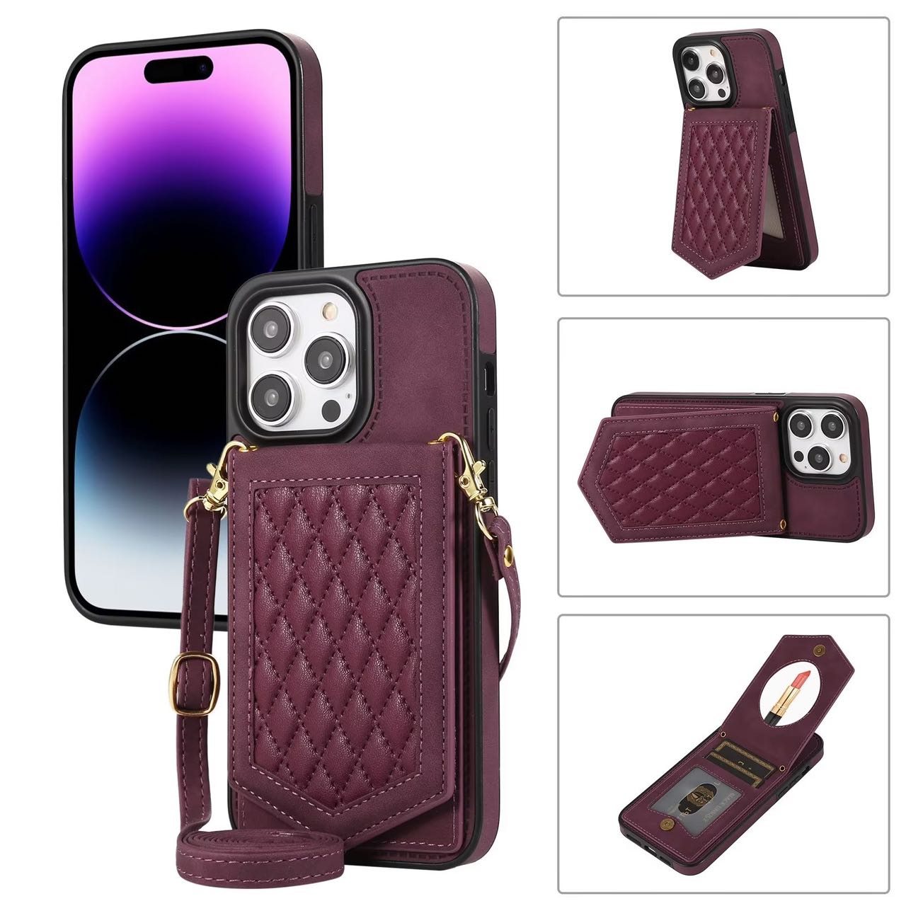 Case for iPhone 16 Series Crossbody Lanyard Leather Wallet Card Slot Mirror Cover Wine Red Features